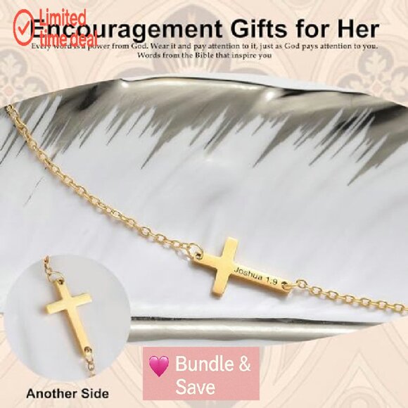 Gold Cross Bracelet with Bible Verse Engraving, Adjustable 7" Chain - Picture 5 of 8